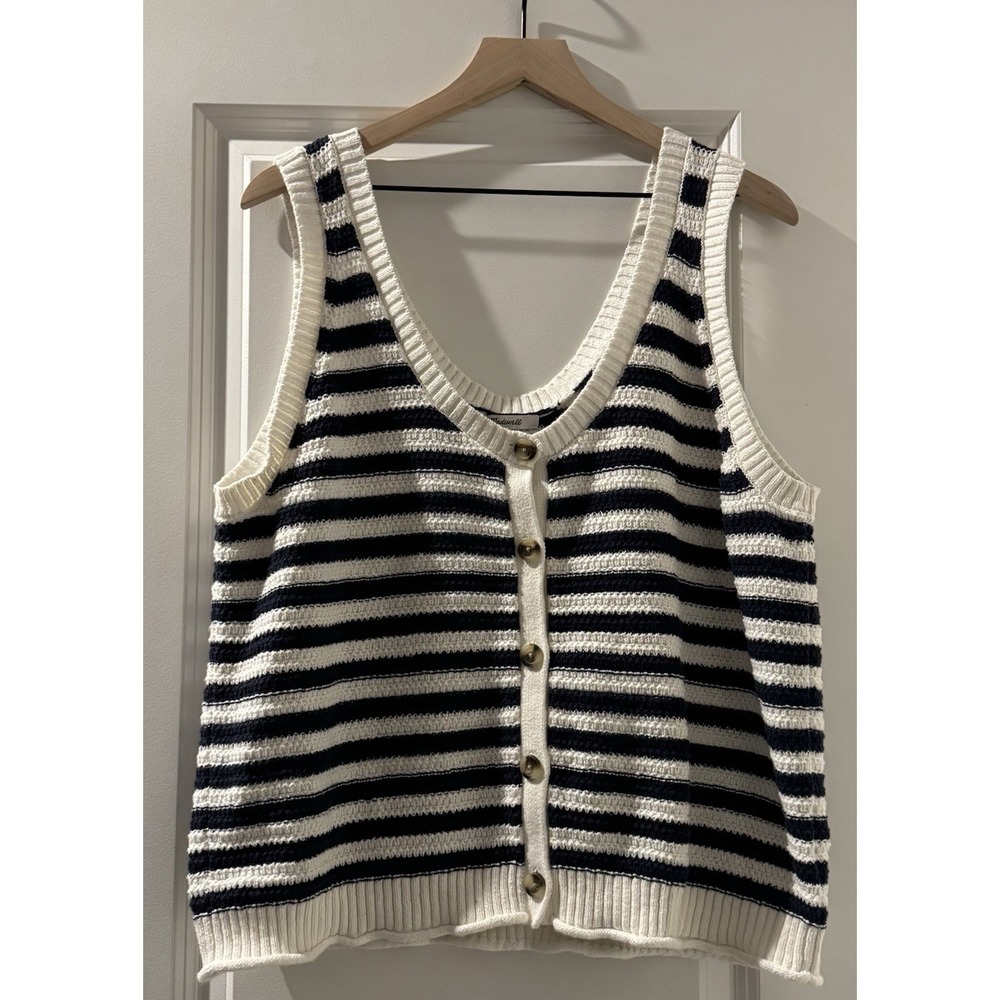 Madewell Striped Sweater Vest XXL Navy White Button Front Coastal Preppy